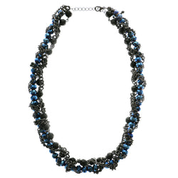 Adjustable Length Statement-Necklace With Bead Accents Black & Blue Colored #2562