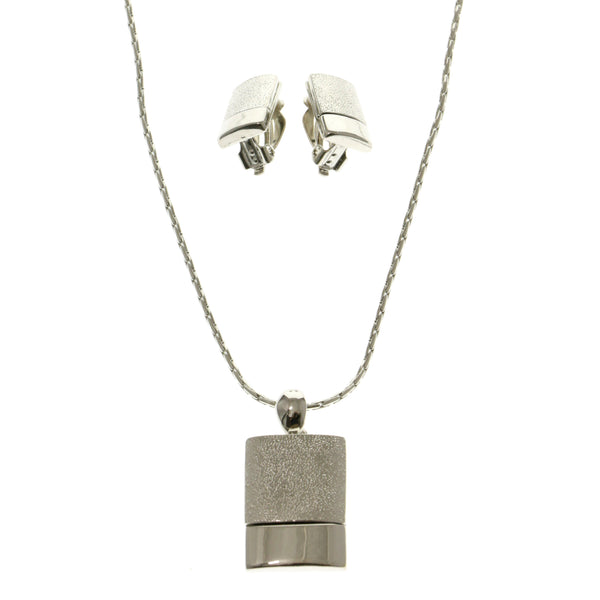 Adjustable Length Matching Earrings Pendant-Necklace Jewelry Set Silver-Tone Color  #2604