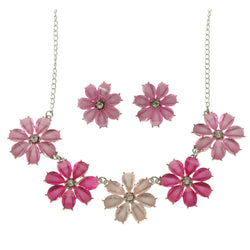 Flowers Adjustable Length Statement-Necklace Jewelry Set With Faceted Accents Pink & Silver-Tone Colored #2621