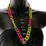 Adjustable Length Matching Earrings Chain Link Statement-Necklace Jewelry Set Neon Pink & Yellow Colored #2668