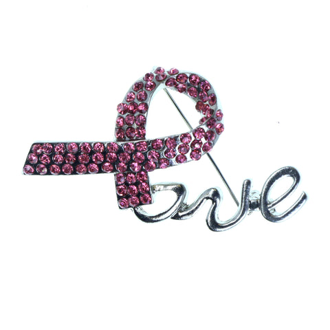 Love Pink ribbon Brooch-Pin With Crystal Accents Silver-Tone & Pink Colored #2321 - Mi Amore