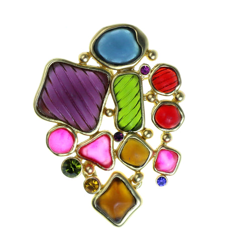 Gold-Tone & Multi Colored Metal Brooch-Pin With Stone Accents #2330