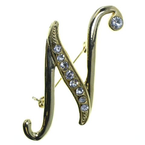 N Initial Brooch-Pin With Crystal Accents Gold-Tone & Clear Colored #2338