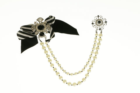 Bow Brooch-Necklace With Bead Accents Black & White Colored #3797