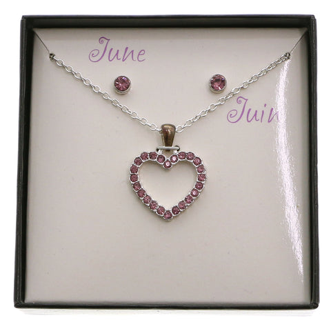 Mi Amore Birth stones Necklace-Earrings-Set Silver-Tone/Pink