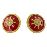 Ships Wheel Clip-On-Earrings Red & Gold-Tone Colored #LQC10