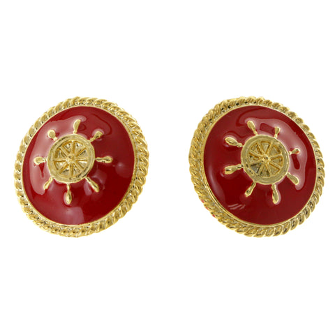 Ships Wheel Clip-On-Earrings Red & Gold-Tone Colored #LQC10