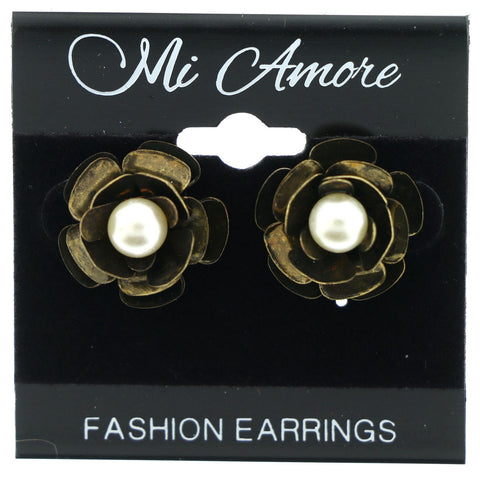Metal Stud-Earrings With Bead Accents Gold-Tone & White