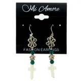 Metal Dangle-Earrings With Bead Accents Silver-Tone & Green