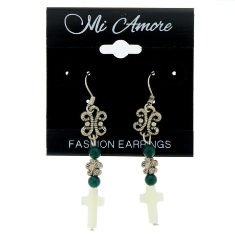 Metal Dangle-Earrings With Bead Accents Silver-Tone & Green