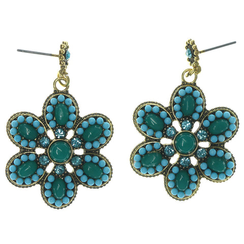 Metal Dangle-Earrings With Bead Accents Blue & Gold-Tone