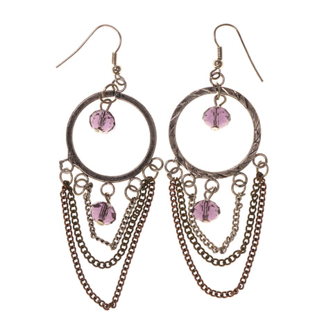 Silver-Tone & Purple Colored Metal Dangle-Earrings With Bead Accents #LQE1686