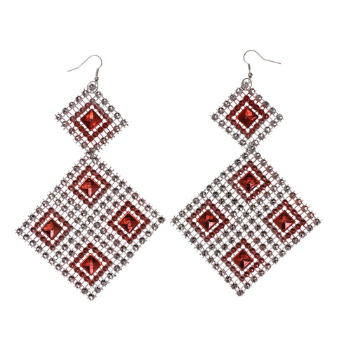 Silver-Tone & Red Colored Acrylic Dangle-Earrings #LQE1879