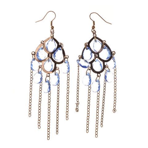 Blue & Silver-Tone Colored Metal Dangle-Earrings With Bead Accents #LQE1884