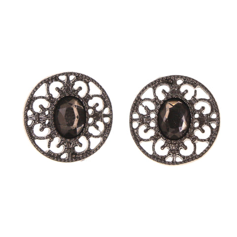 Silver-Tone & Black Colored Metal Stud-Earrings With Crystal Accents #LQE2000