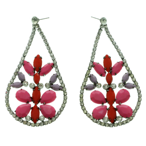 Silver-Tone & Multi Colored Metal Dangle-Earrings With Crystal Accents