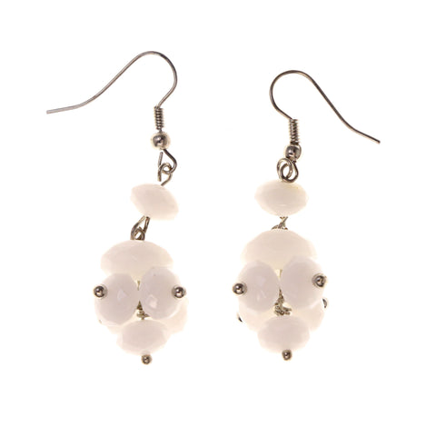 White & Silver-Tone Colored Acrylic Dangle-Earrings With Bead Accents #LQE2149