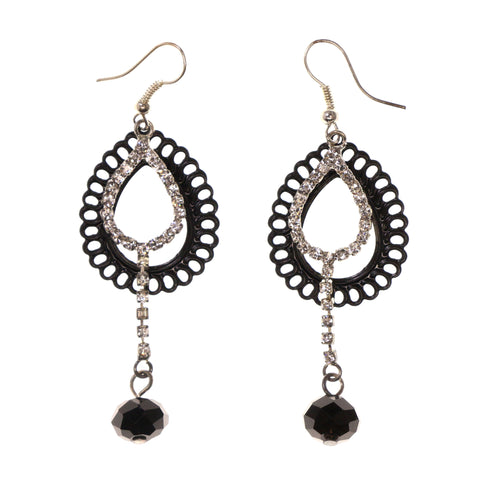 Black & Silver-Tone Colored Metal Dangle-Earrings With Crystal Accents #LQE2172