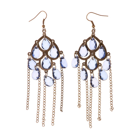 Blue & Silver-Tone Colored Metal Dangle-Earrings With Bead Accents #LQE2193