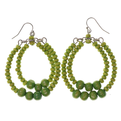 Green & Silver-Tone Colored Metal Dangle-Earrings With Bead Accents #LQE2242