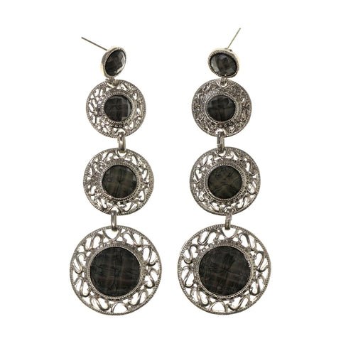 Silver-Tone & Gray Colored Metal Dangle-Earrings With Stone Accents #LQE2383