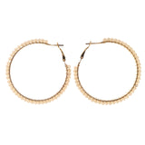 Gold-Tone & White Colored Metal Hoop-Earrings With Bead Accents #LQE2409