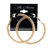 Gold-Tone & White Colored Metal Hoop-Earrings With Bead Accents #LQE2409