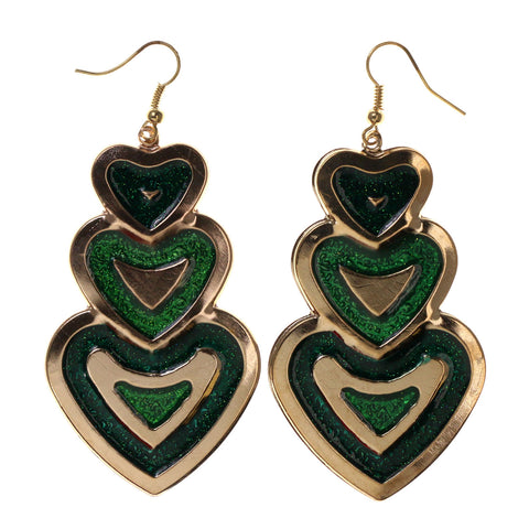 Glitter Sparkle Heart Dangle-Earrings Green & Gold-Tone Colored #LQE2441