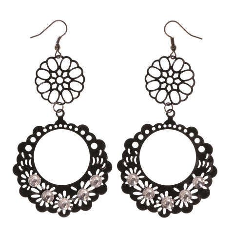 Black & Silver-Tone Colored Metal Dangle-Earrings With Crystal Accents #LQE2475