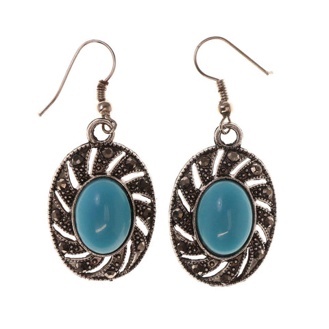Blue & Silver-Tone Colored Metal Dangle-Earrings With Crystal Accents #LQE2699