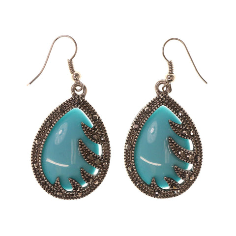 Blue & Silver-Tone Colored Metal Dangle-Earrings With Bead Accents #LQE2708