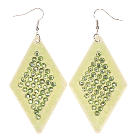 Green & White Colored Acrylic Dangle-Earrings With Crystal Accents #LQE2840