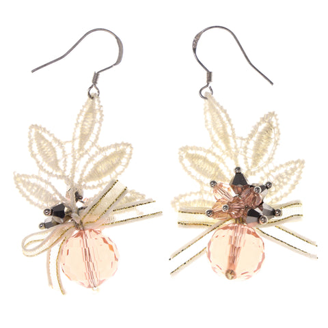 Bow Theme Beaded Accents Synthetic-Fiber Dangle-Earrings Peach & White #LQE3100