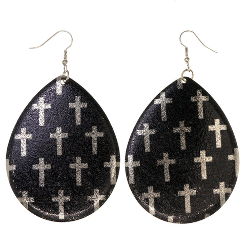 Cross Theme Metal Dangle-Earrings Black & Silver-Tone #LQE3132