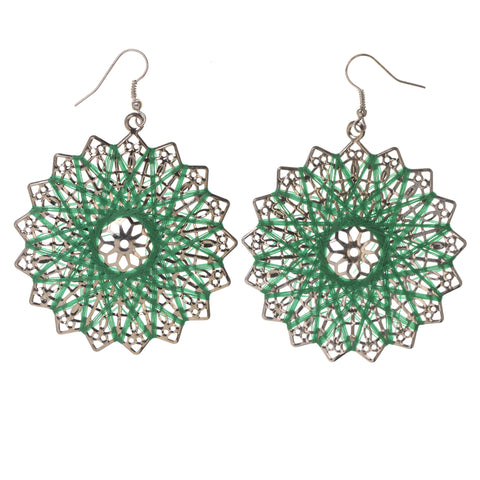 Silver-Tone & Green Colored Metal Dangle-Earrings #LQE3225