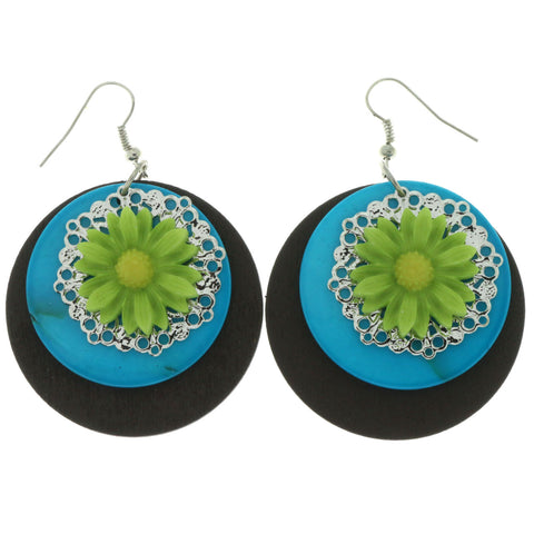 Wooden Dangle-Earrings With Green Flowers
