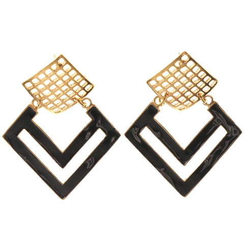 Gold-Tone & Black Colored Metal Drop-Dangle-Earrings #LQE3342