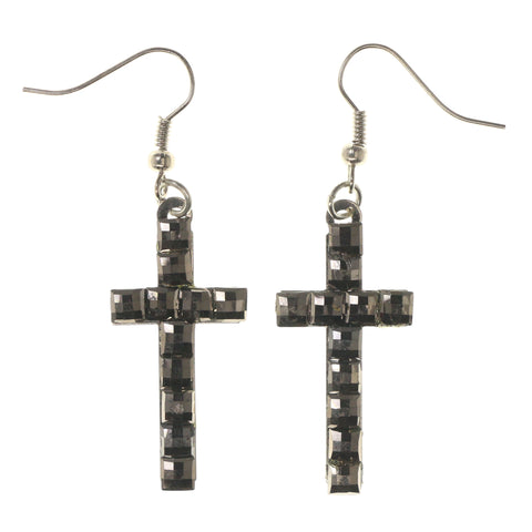 Cross Dangle-Earrings With Crystal Accents Silver-Tone & Black Colored #LQE3344