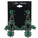 Green & Silver-Tone Colored Metal Dangle-Earrings With Crystal Accents