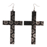 Cross Flower Dangle-Earrings Black & Silver-Tone Colored #LQE3385