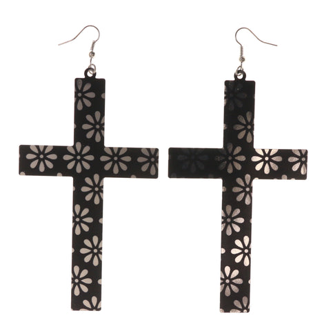 Cross Flower Dangle-Earrings Black & Silver-Tone Colored #LQE3385