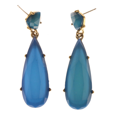 Blue & Gold-Tone Colored Metal Drop-Dangle-Earrings With Bead Accents #LQE3401