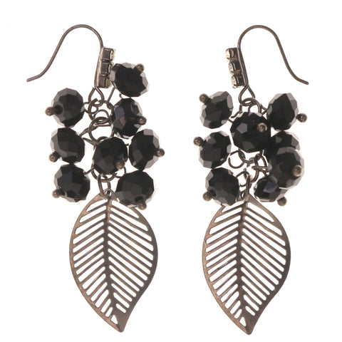 Leaf Dangle-Earrings With Bead Accents Silver-Tone & Black Colored #LQE3443
