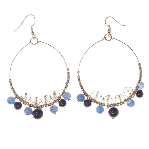 Silver-Tone & Blue Colored Metal Dangle-Earrings With Bead Accents #LQE3457