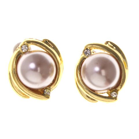 White & Gold-Tone Colored Metal Stud-Earrings With Bead Accents #LQE3497