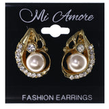Gold-Tone & White Colored Metal Stud-Earrings With Crystal Accents #LQE3505