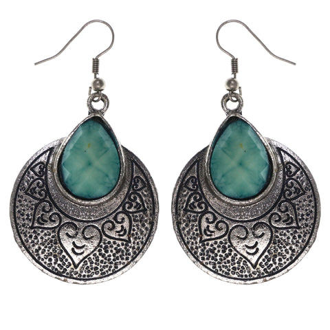 Filigree Heart Dangle-Earrings Stone Accents Silver-Tone & Blue