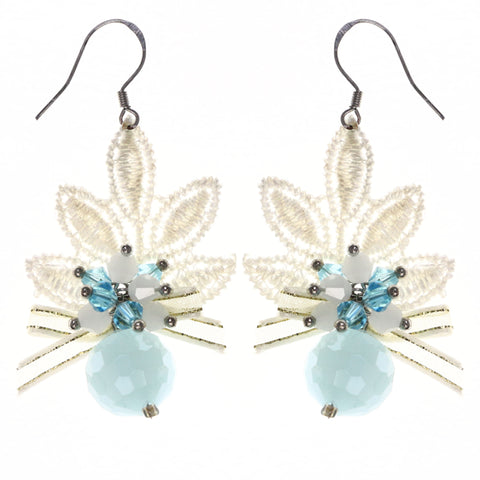 Bow Lace AB Finish Dangle-Earrings Bead Accents White & Blue #LQE3588