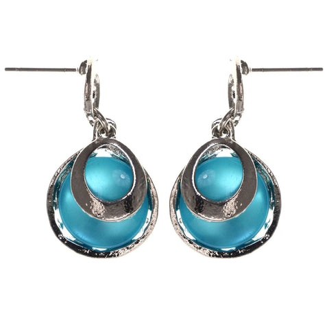 Blue & Silver-Tone Colored Metal Drop-Dangle-Earrings With Bead Accents #LQE3591