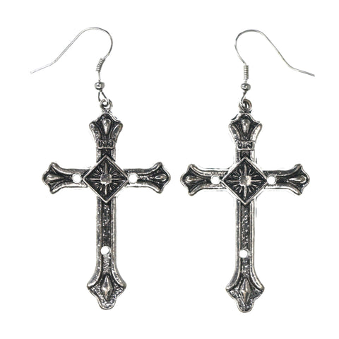 Cross Dangle-Earrings Silver-Tone & Black Colored #LQE3660